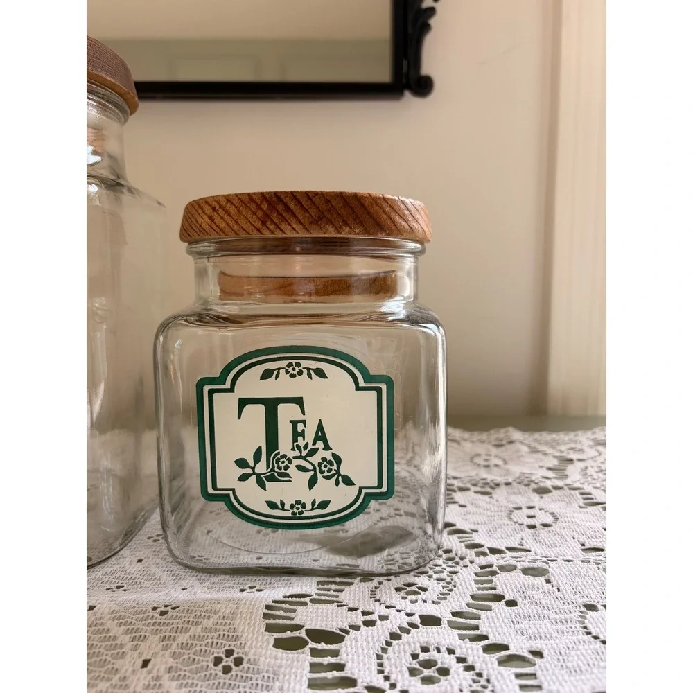 Vintage Anchor Hocking Glass Canister Set 4pc Green Floral Wood Lids